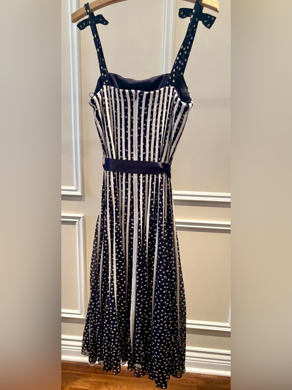 Striped and Polka Dot Navy Formal Dress with Satin Waist